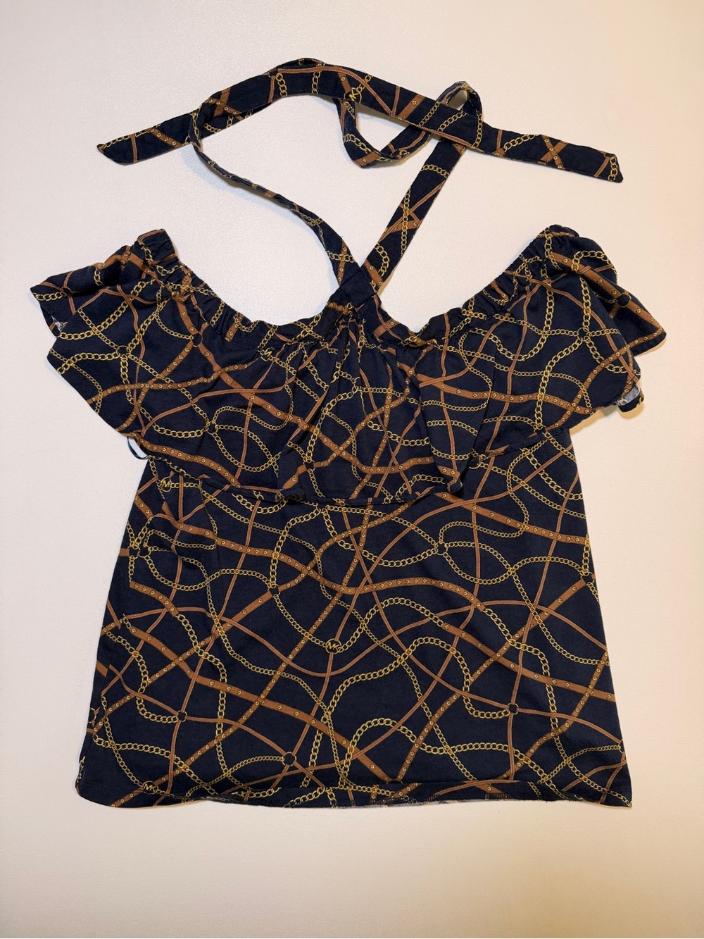 Michael Kors Off-Shoulder Chain Print Halter Top - Navy & Brown